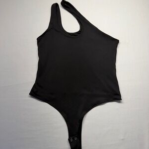 Reoria Black One Shoulder Bodysuit XL Stretch Snap Thong Minimalist Basic